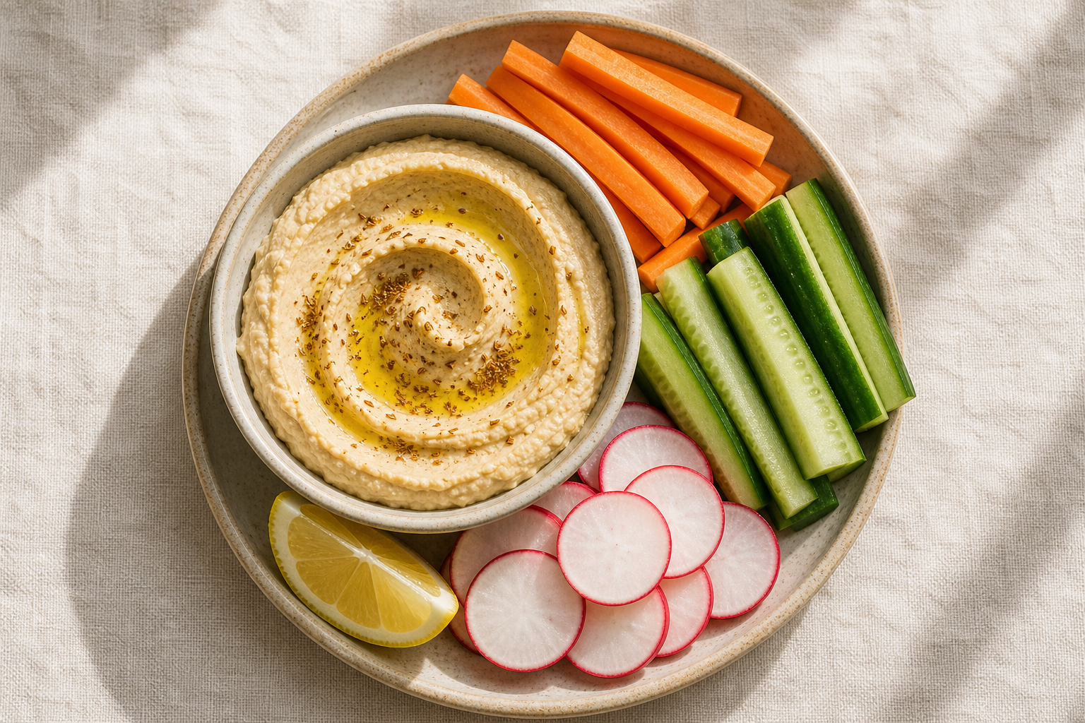 Ev yapımı humus, havuç ve salatalık çubuklarıyla