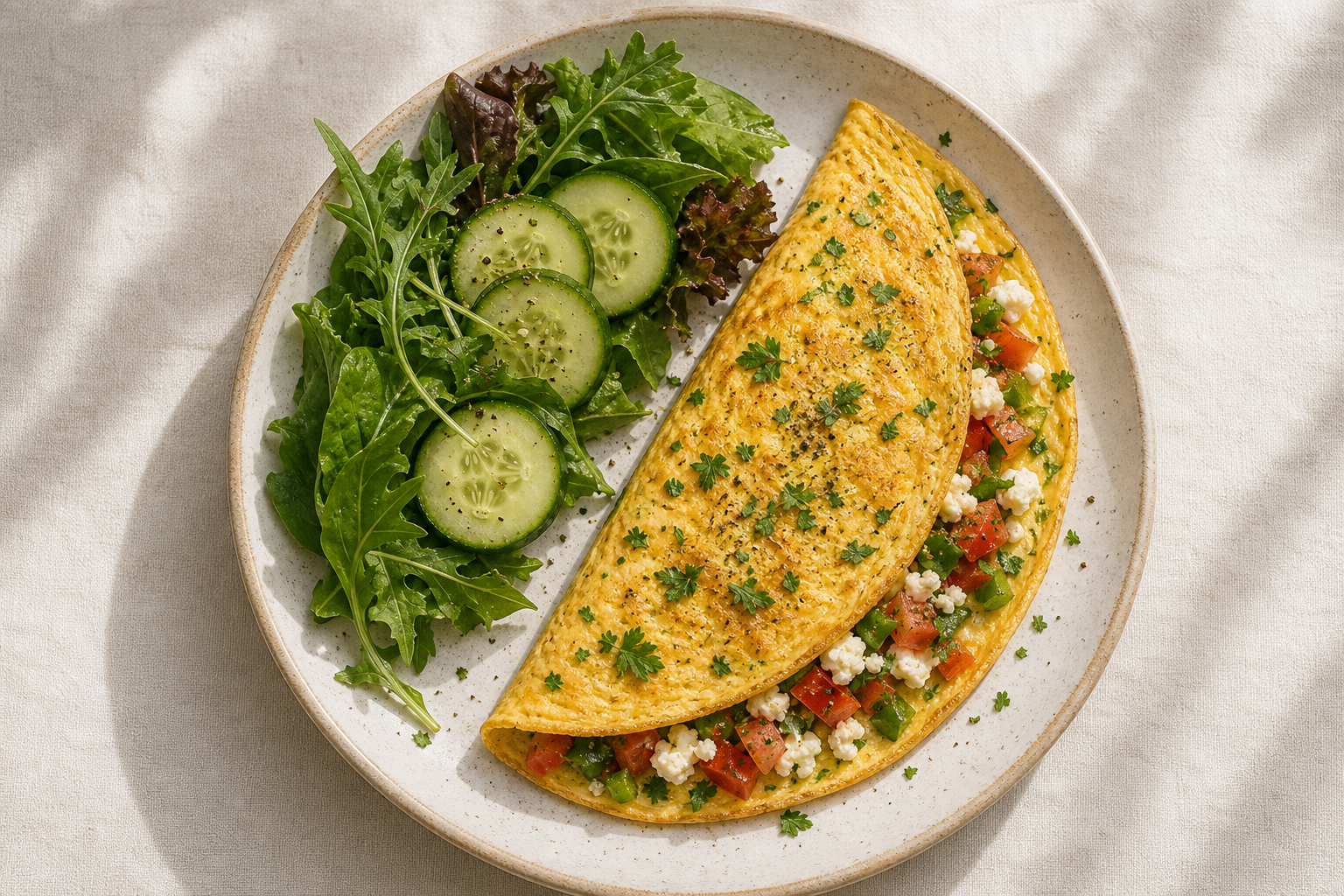 Peynirli sebzeli omlet, domates biber ve maydanozla